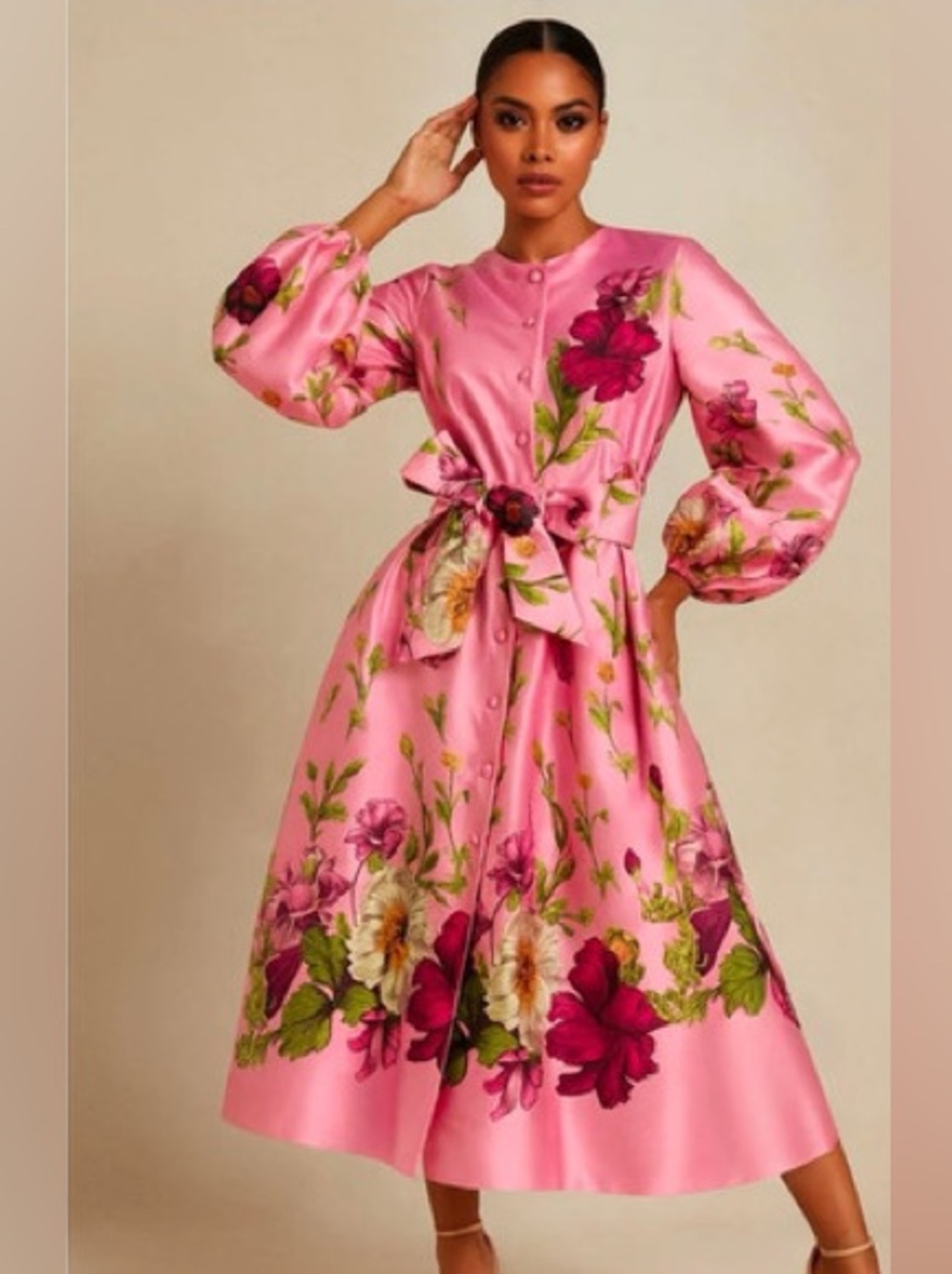 Nancy Yang Pink Floral Satin Midi Dress with Statement Bow S